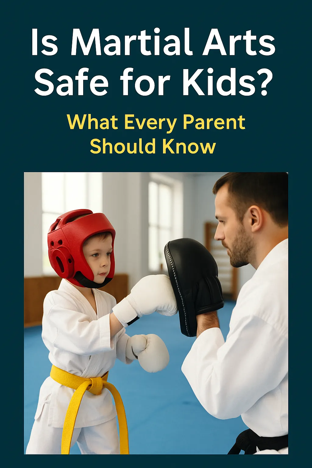 Child wearing martial arts safety gear while learning proper technique from a certified instructor.
