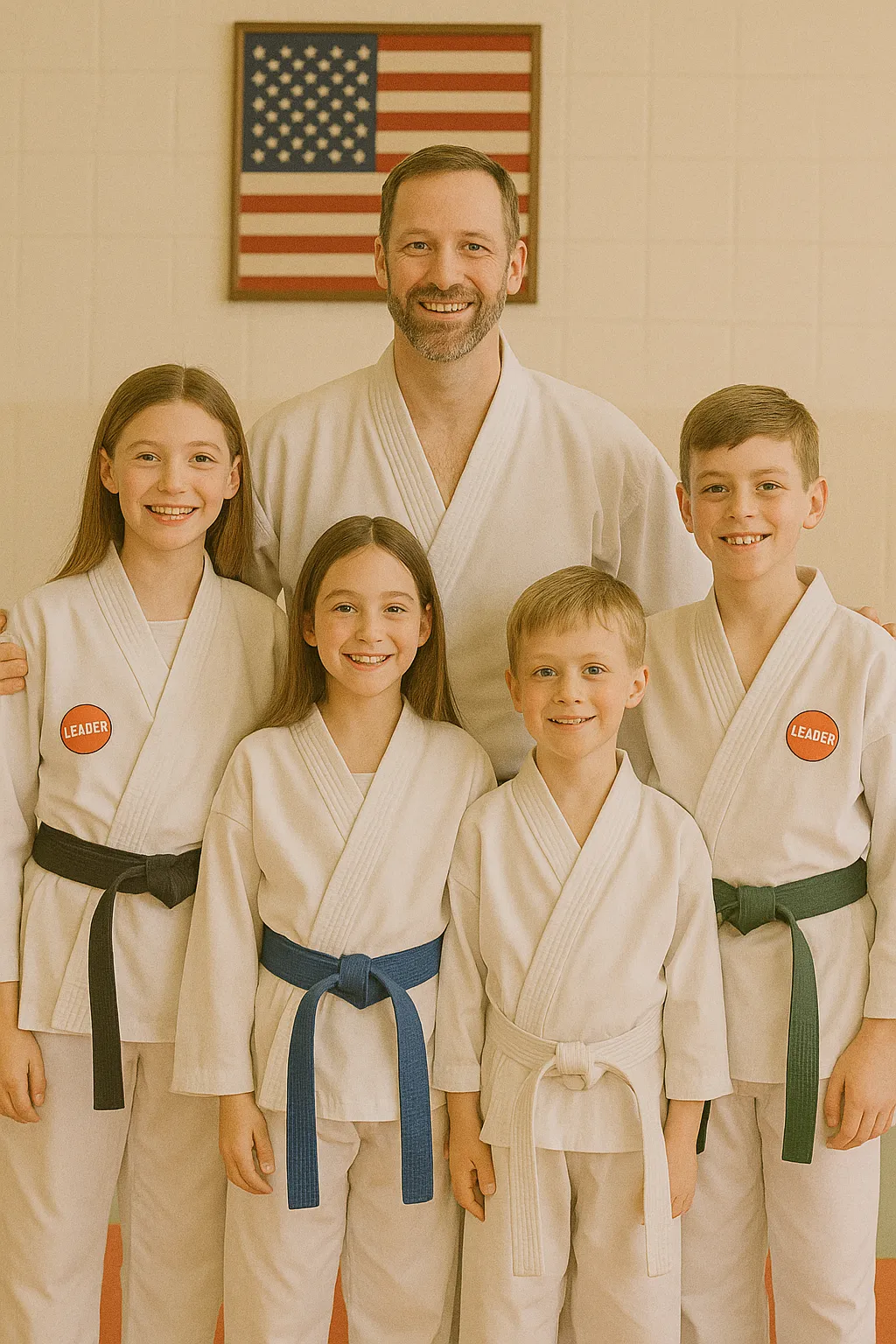 Martial arts students of varying ages smiling with their instructor, showcasing leadership progress and discipline