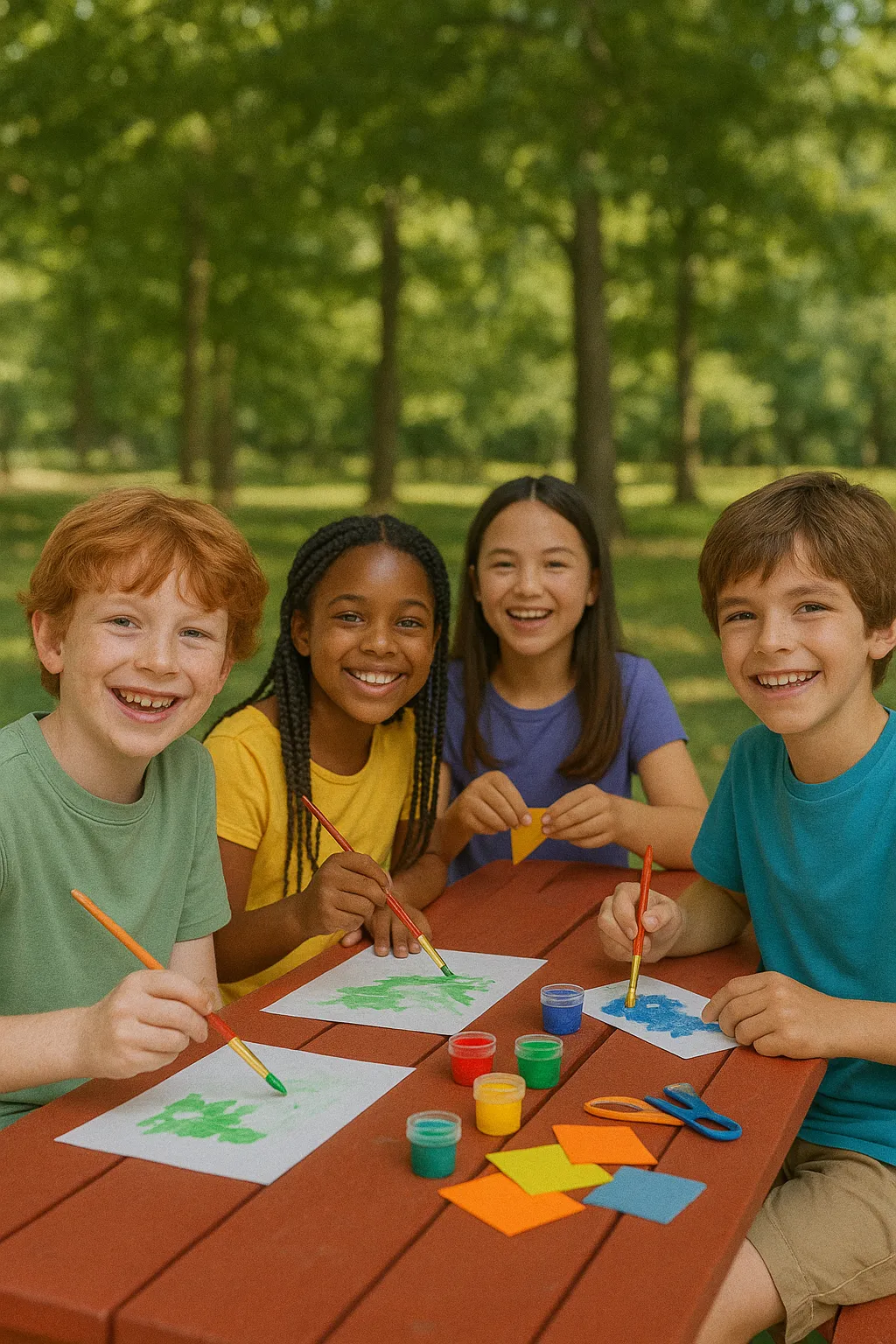 Campers smiling while painting and crafting together at a picnic table.