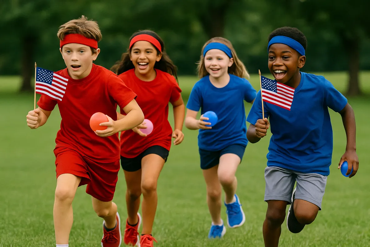 Kids participating in a spirited red vs. blue team relay race with flags and water balloons.