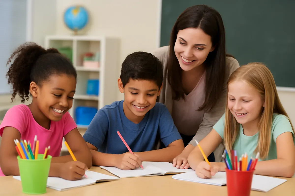 Elementary school students working on homework together in an after-school program with teacher guidance