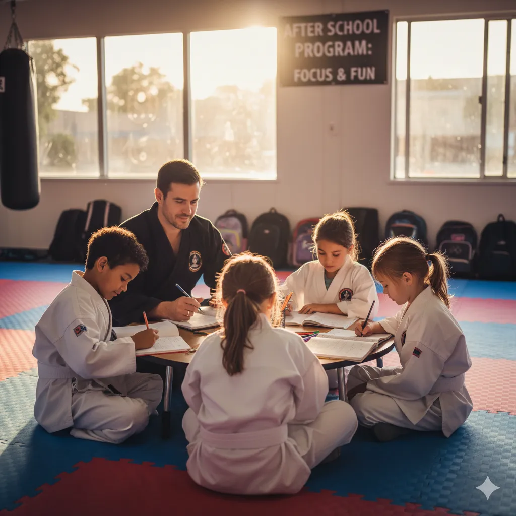 Children calmly doing homework or reading before martial arts class, showing healthy routine and structure.