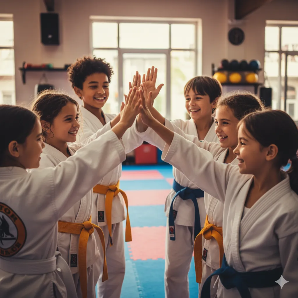 Group of kids high-fiving after martial arts class, celebrating teamwork and confidence during a busy holiday season