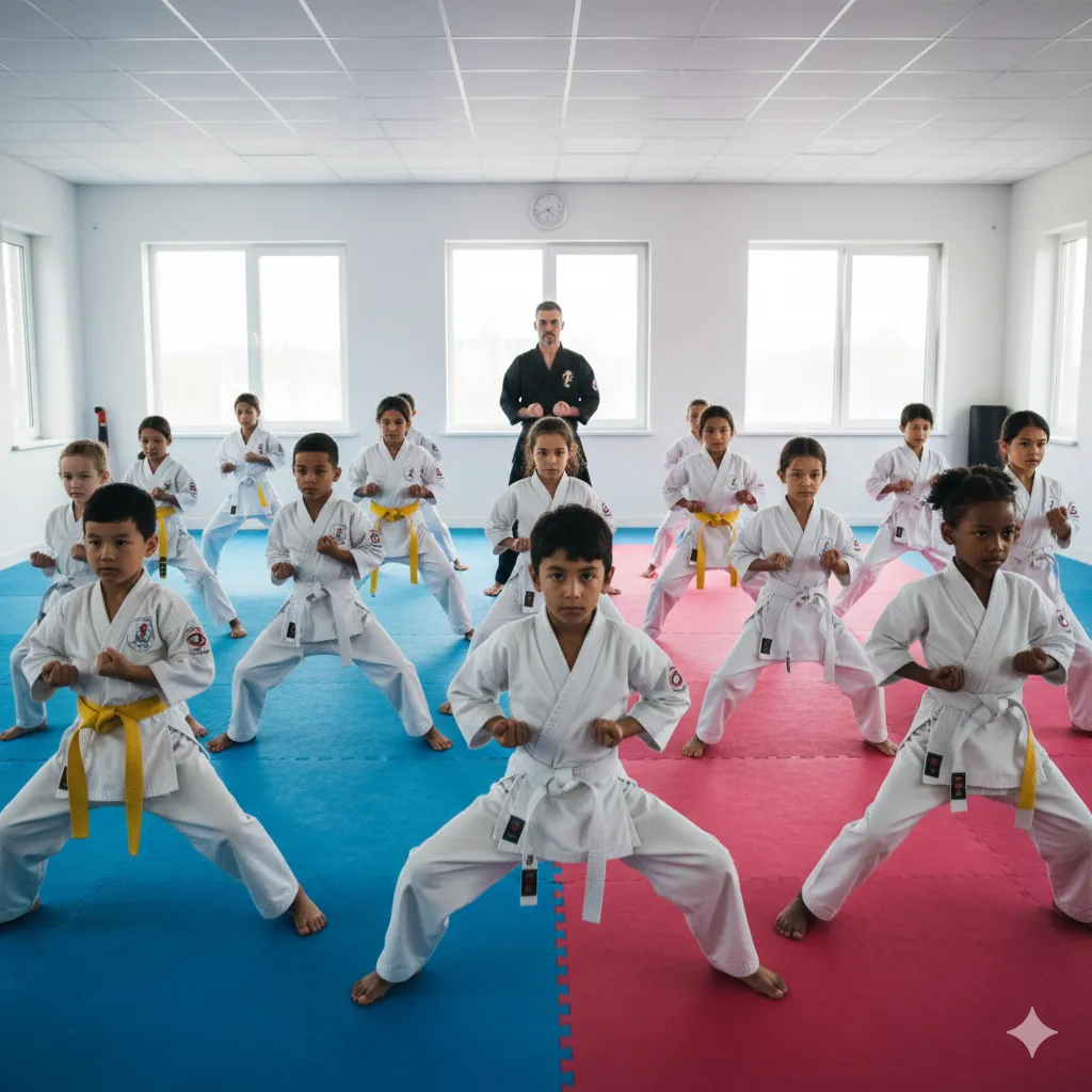 Kids practicing martial arts stances in a line during class, rebuilding focus after the holiday break