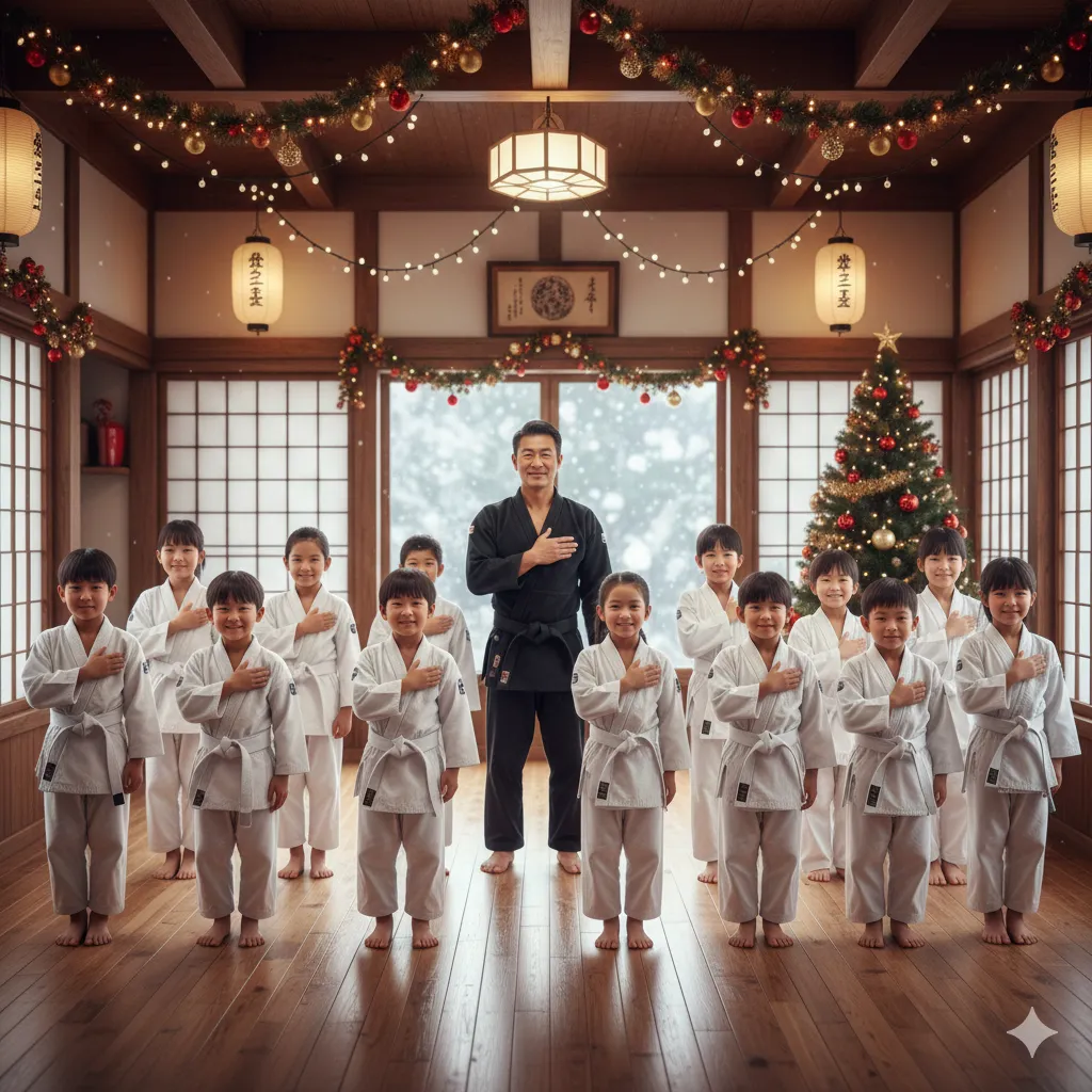 Children practicing martial arts during the Christmas season, learning respect and discipline in a decorated dojo.