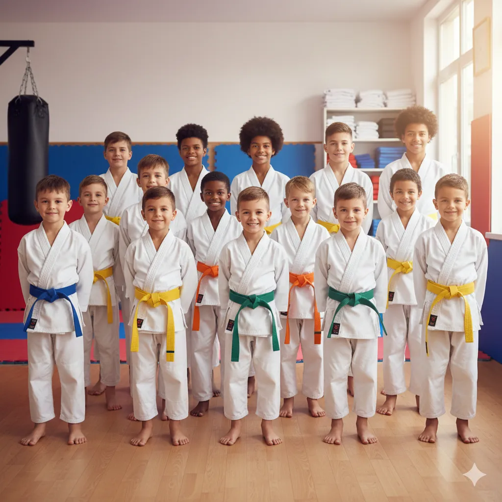 Martial arts students smiling proudly in a dojo, celebrating progress and confidence at the start of the new year