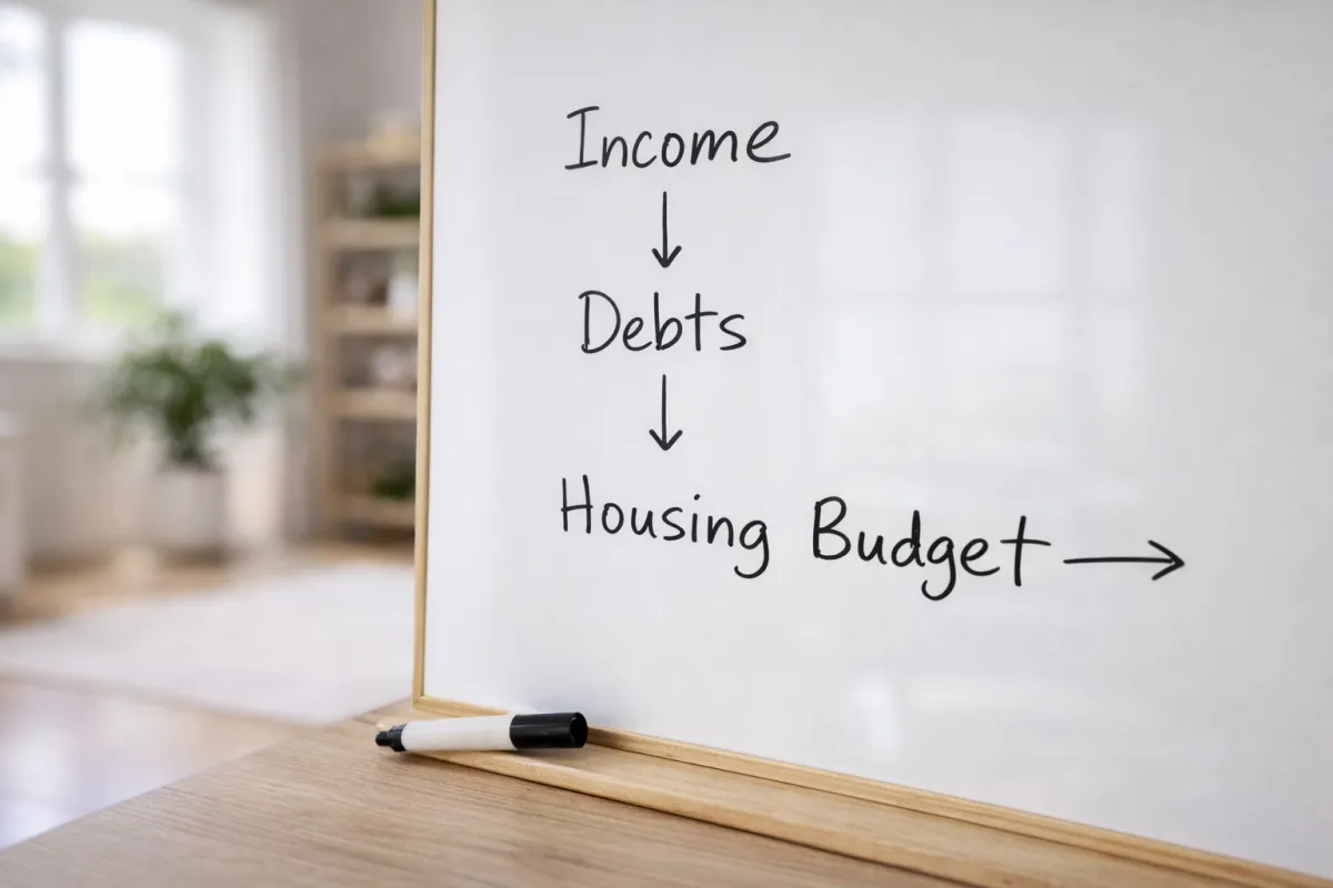 Whiteboard explaining income, debts, and housing budget for mortgage qualification
