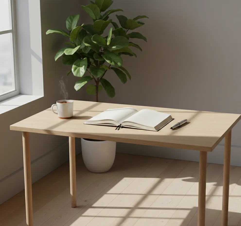 AI generated image of a desk with a notebook, pen, a mug and a soft natural light, with a green plant in the background to suggest a calm atmosphre.