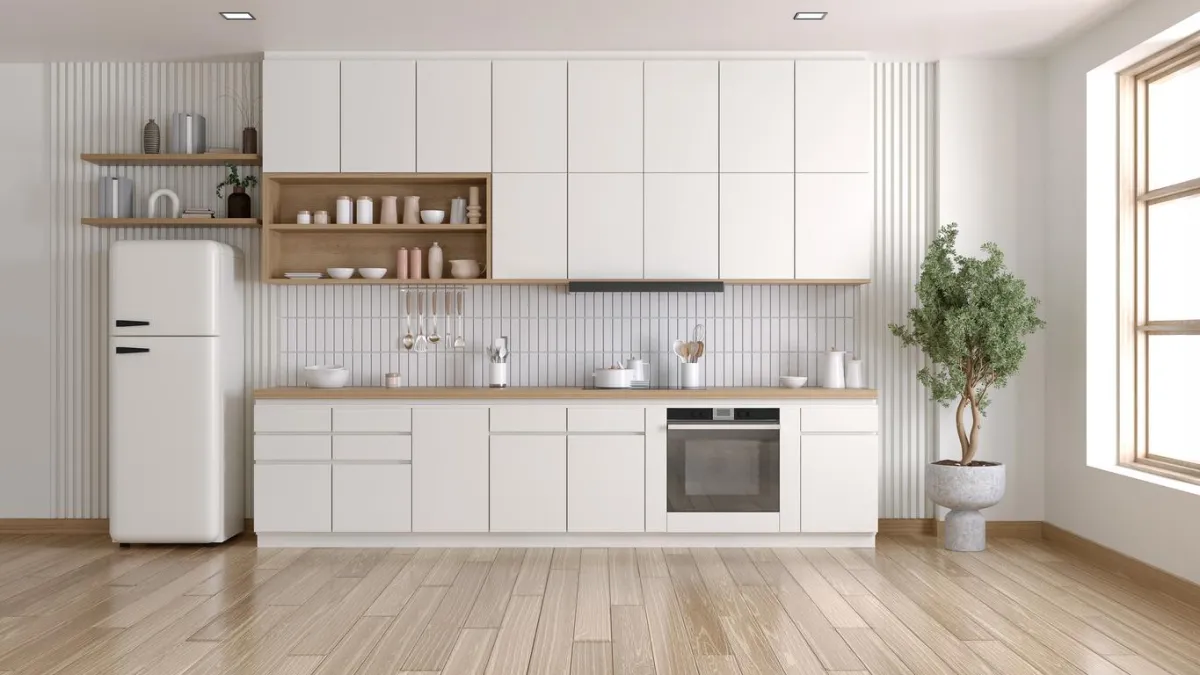 Light-toned hardwood floor paired with minimalist furniture.
