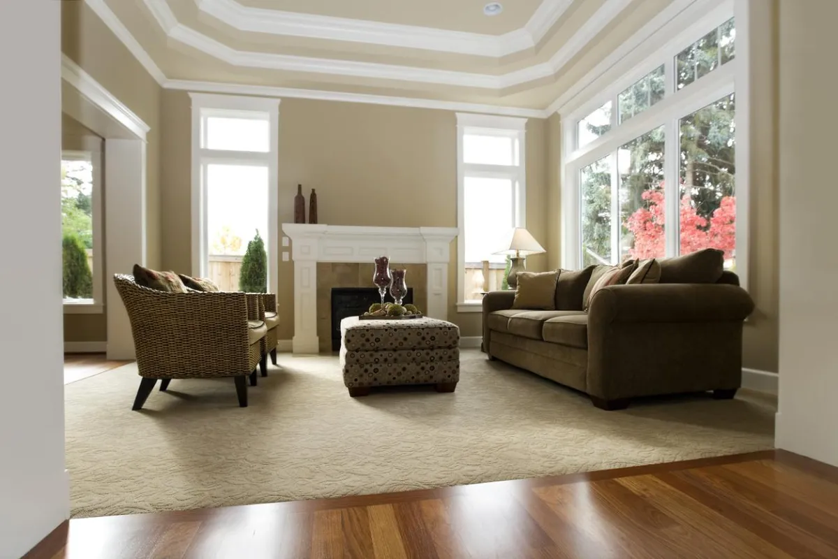 Patterned carpet flooring in a stylish office.