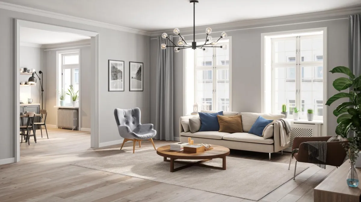 Dark carpet flooring paired with light furniture.