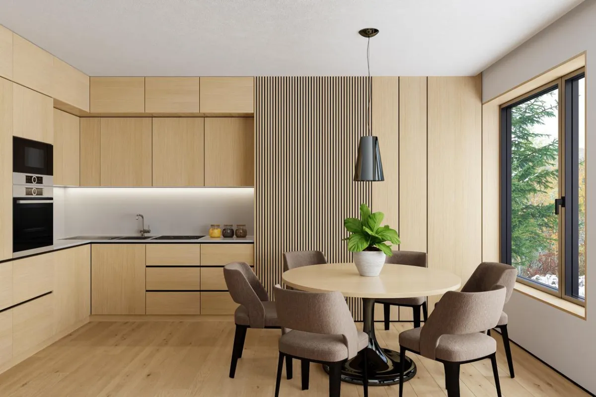 Modern laminate with a woodgrain finish in a lounge.
