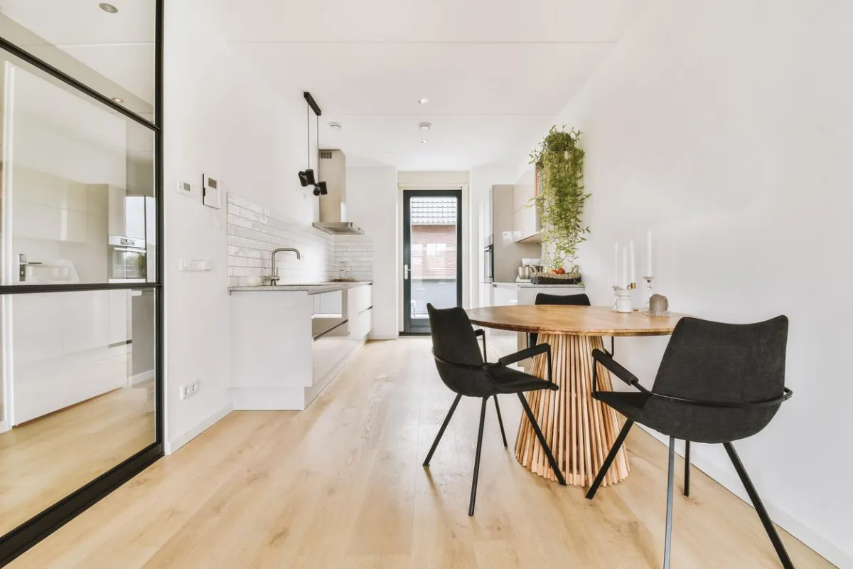 Laminate flooring in a sleek contemporary kitchen.