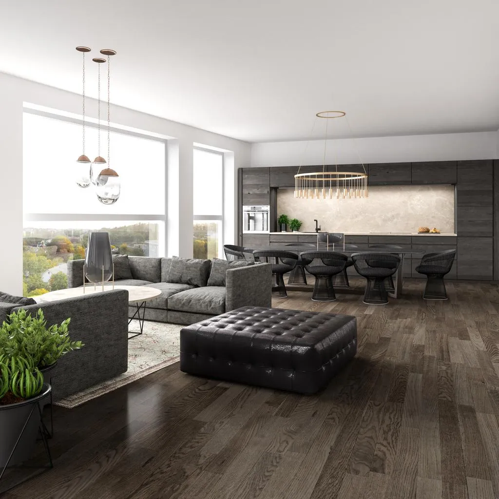 Light vinyl flooring paired with neutral furnishings.