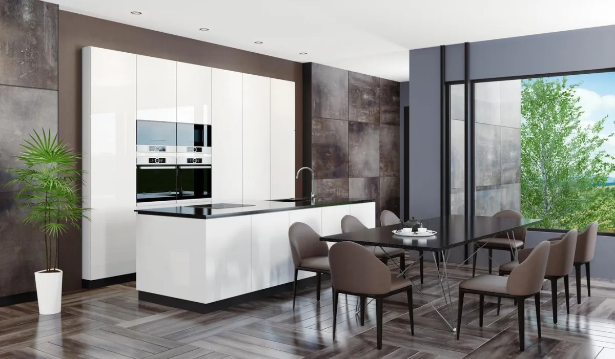 Water-resistant vinyl flooring in a kitchen space.