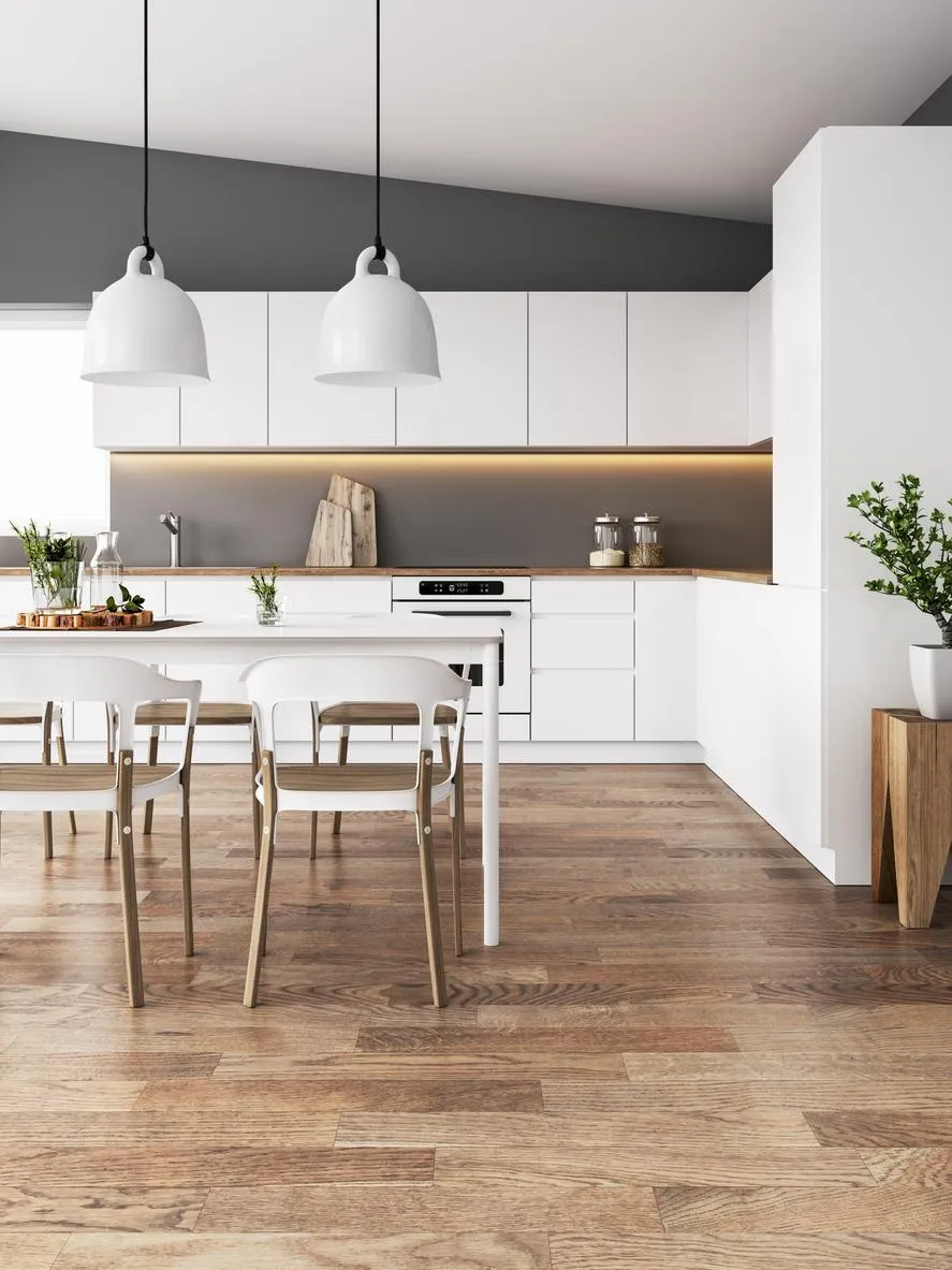 Dark gray vinyl flooring for a modern industrial look.