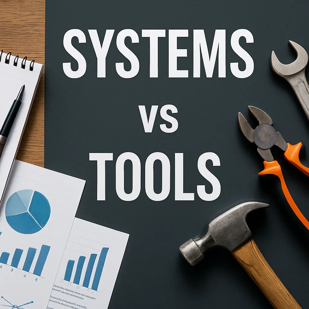 A business owner comparing systems and tools using charts and workflow diagrams while planning how to scale a service business.