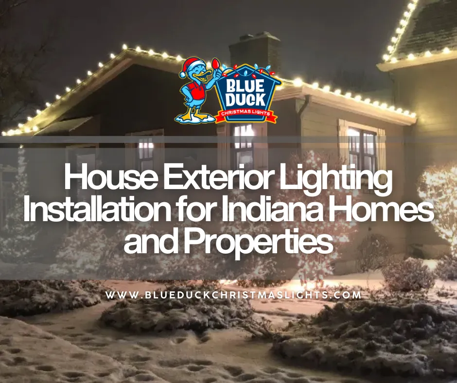 Beautiful house exterior lighting installation on Indiana home with roofline and landscape lights by Blue Duck Christmas Lights.