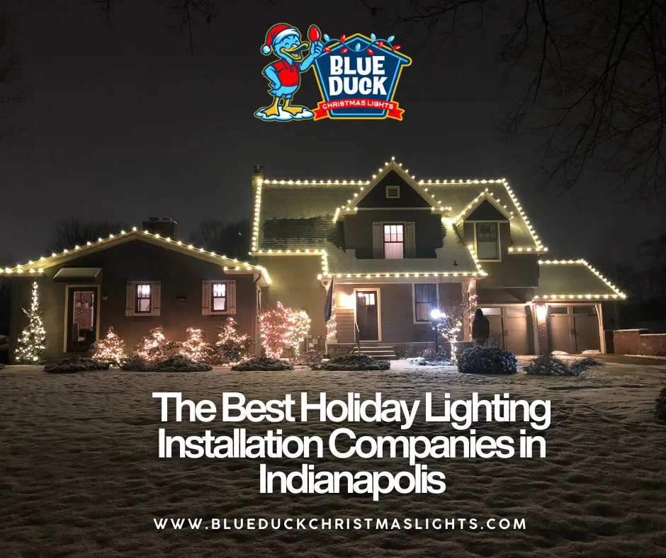 Custom holiday lighting installation on a beautiful Indianapolis home by Blue Duck Christmas Lights.