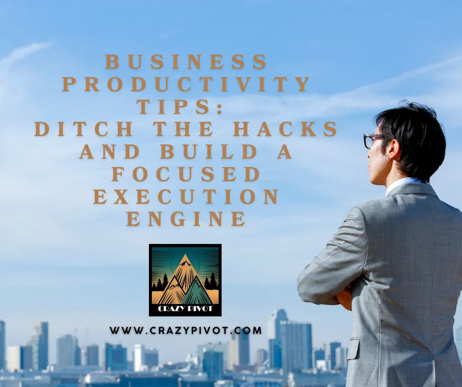 Determined businessman looking beyond daily tasks, envisioning the systemized growth achieved through essential business productivity tips.