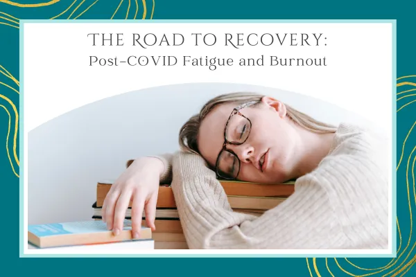 Woman sleeping on a pile of books. Post-COVID fatigue and burnout