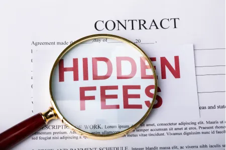 Merchant service contract with a magnifying glass highlighting hidden fees in fine print, symbolizing the lack of transparency in traditional pricing models.