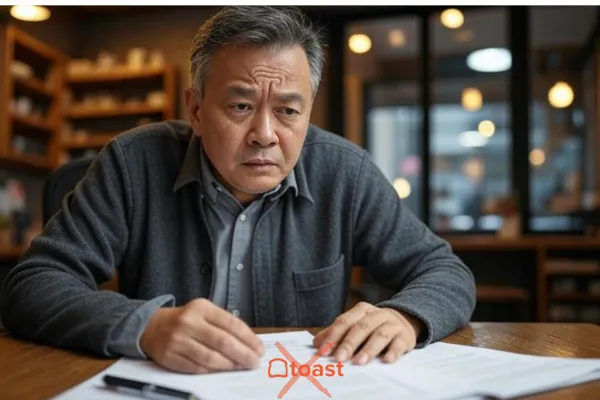 Restaurant owner reviewing Toast POS contract with a concerned expression