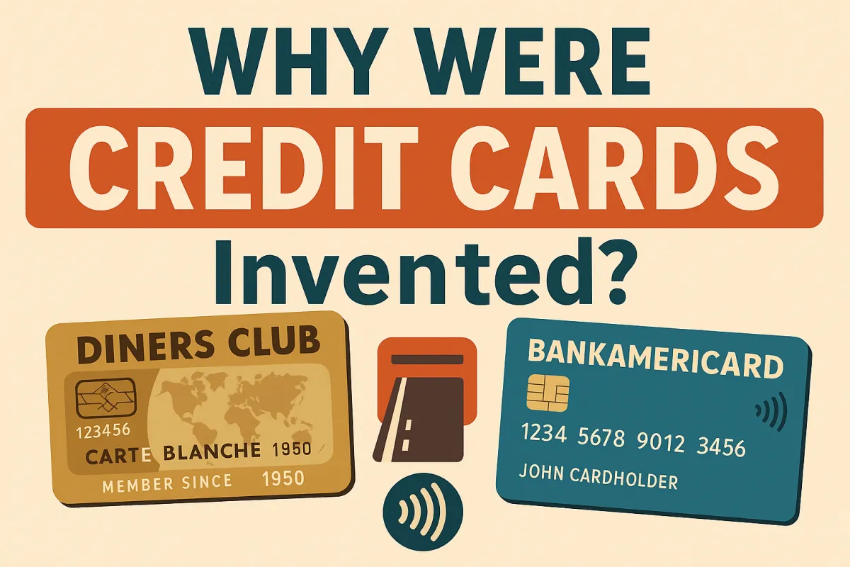 Vintage-inspired graphic showing the origin of credit cards with Diners Club and BankAmericard images, credit card swiper, and bold typography asking 'Why Were Credit Cards Invented?