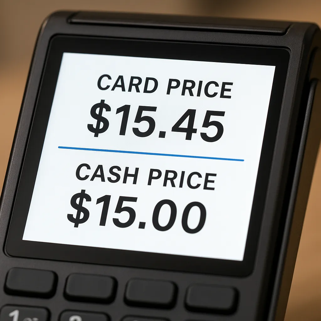 Point-of-sale terminal screen displaying two prices: "$15.45" for card payments and "$15.00" for cash, highlighting a dual pricing model.
