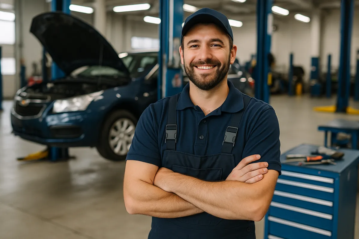A smiling auto mechanic standing in a clean, well-organized repair shop with tools neatly arranged and a vehicle on a lift in the background.