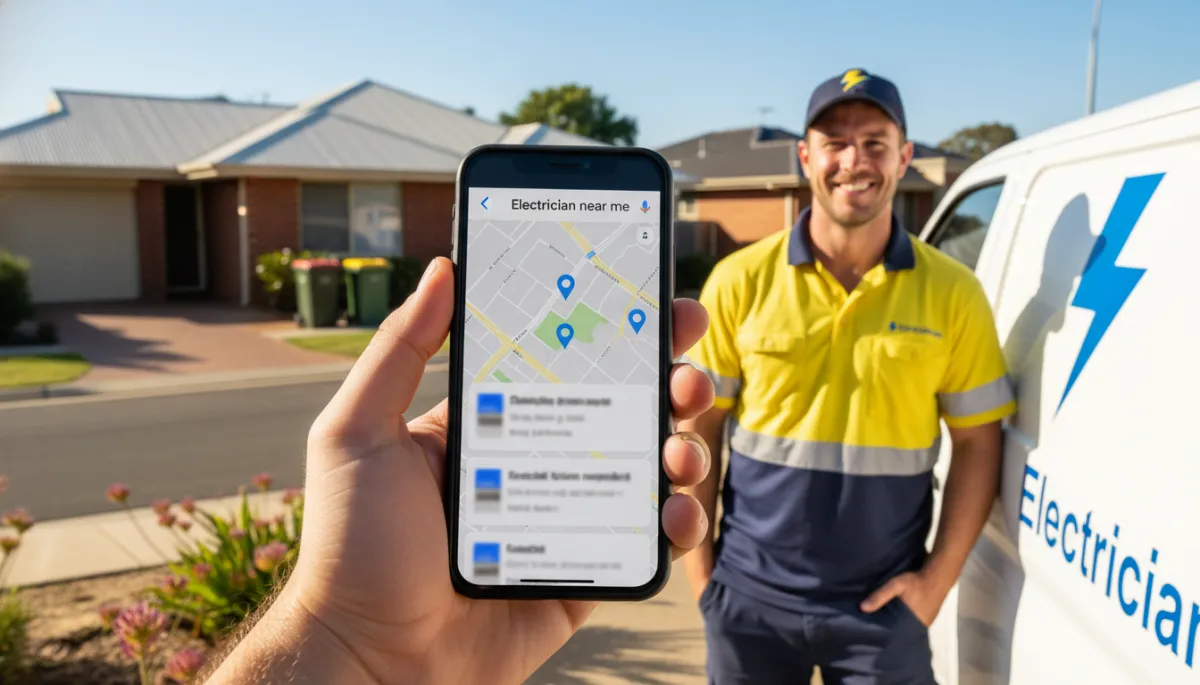 Smartphone screen showing a Google Maps Local 3‑Pack for “electrician near me” with a tradesperson in hi-vis uniform smiling beside a branded van parked on a suburban Australian street