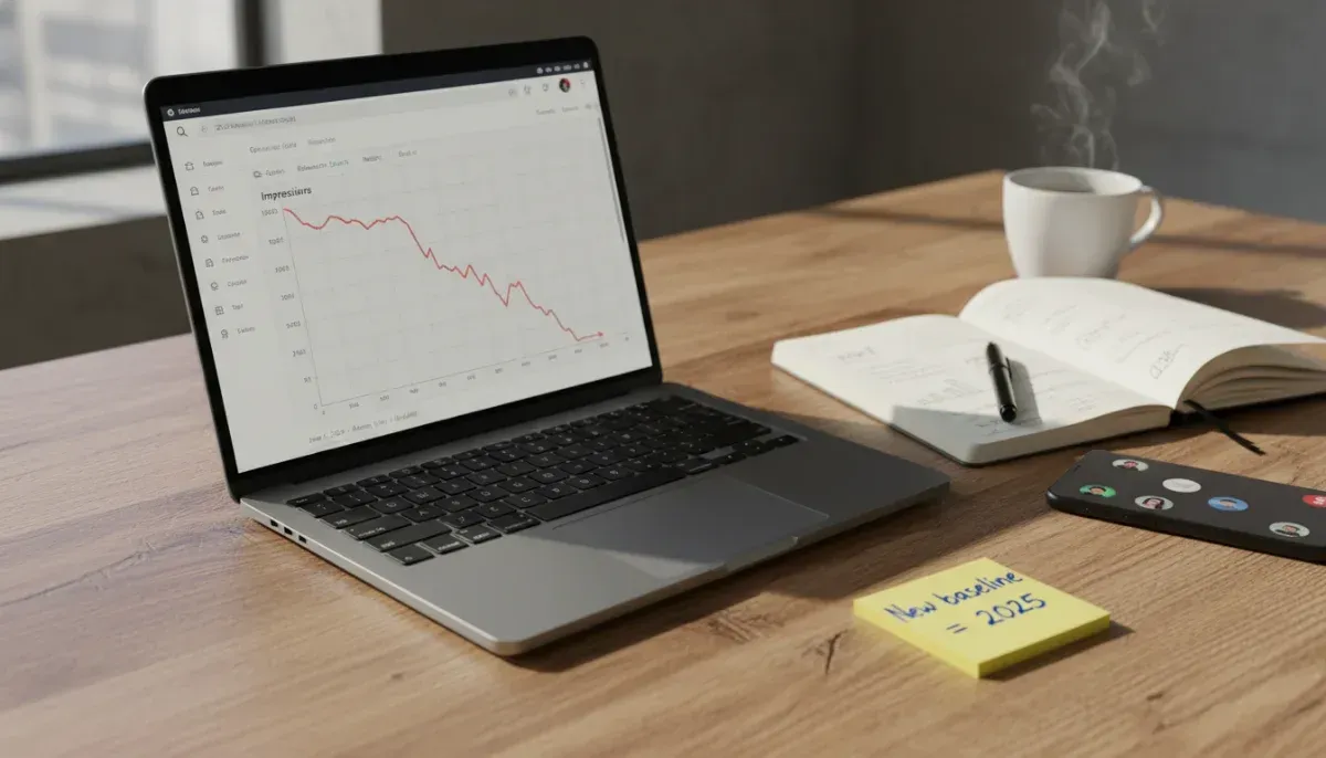 Marketing KPI dashboard with impressions down, CTR up, and improved average position, alongside sticky notes “Quality over Quantity,” “Keyword Audit,” and “Stakeholder Brief.”