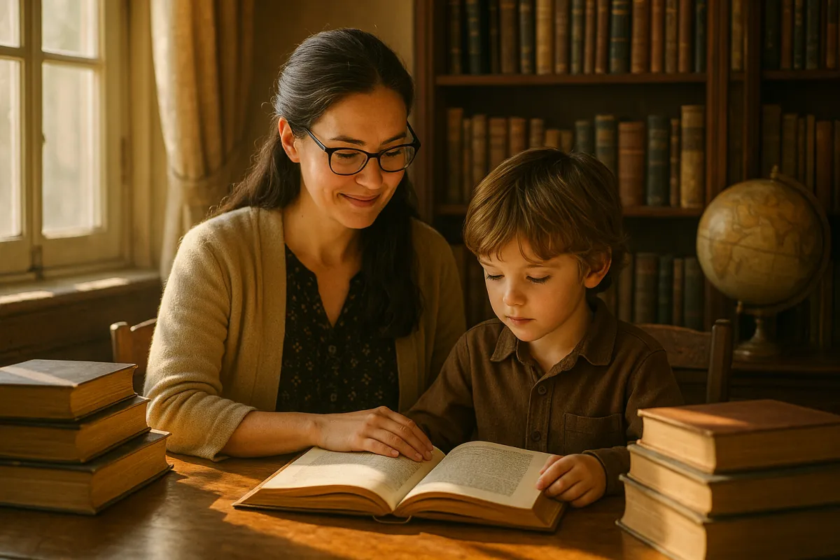 A light-skinned mother and her young son sit at a wooden table in a sunlit library, deeply engaged in reading together. Warm afternoon light pours through a nearby window, casting a cozy glow on the shelves of classic books surrounding them.