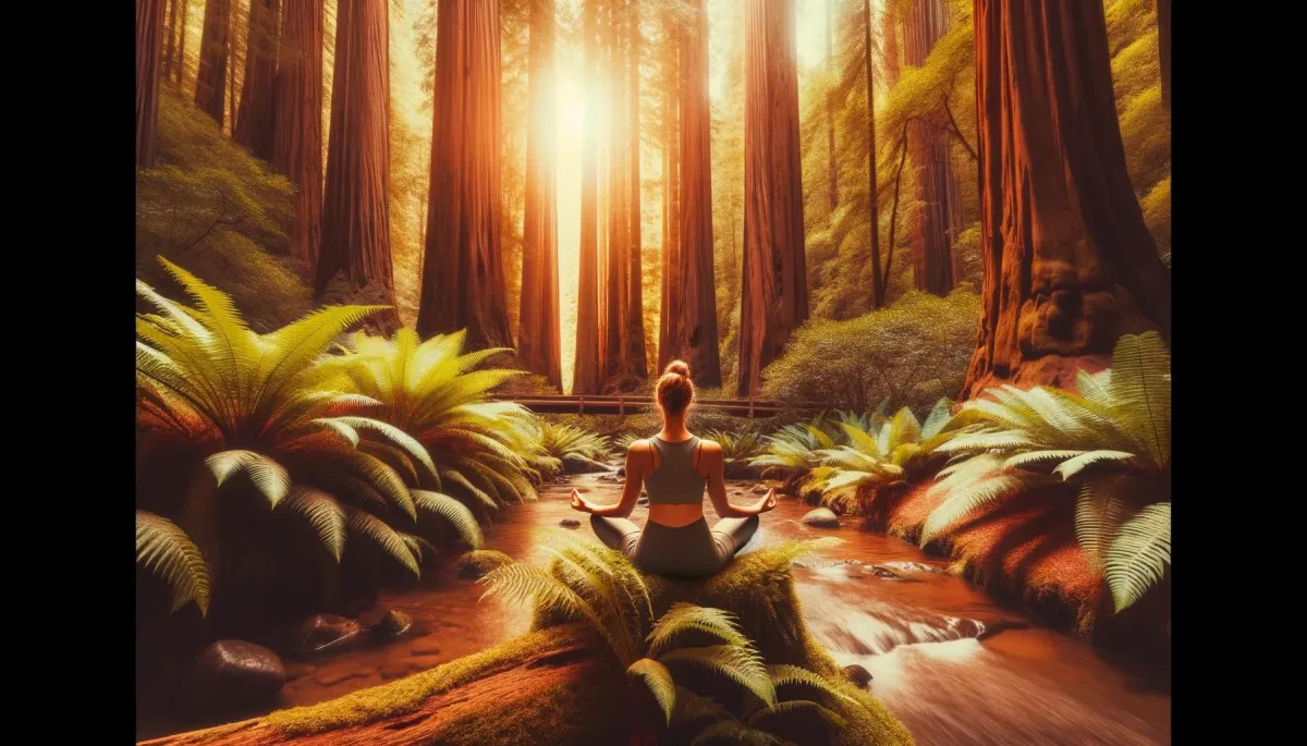 AI generated image of a woman meditation in the redwoods 