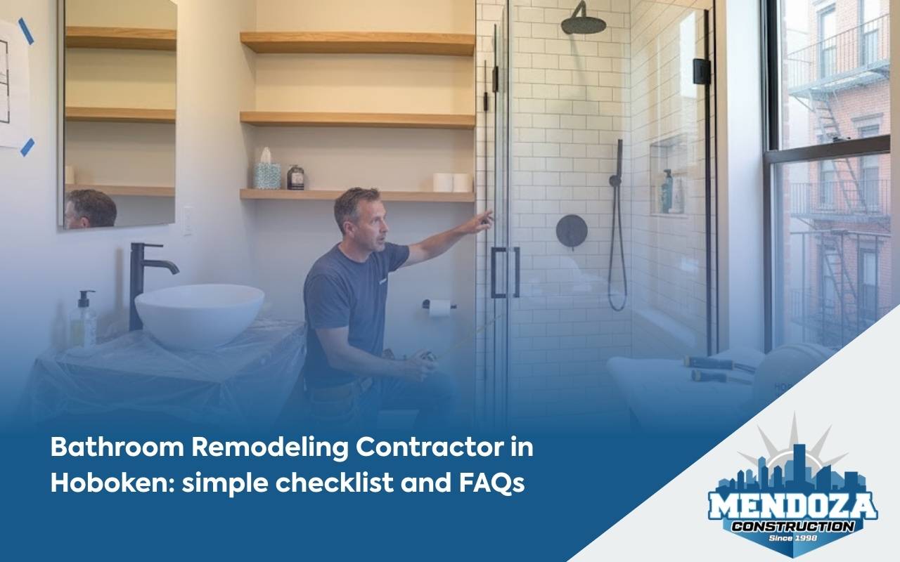 Bathroom Remodeling Contractor in Hoboken reviewing a remodeling checklist with homeowners in a modern bathroom