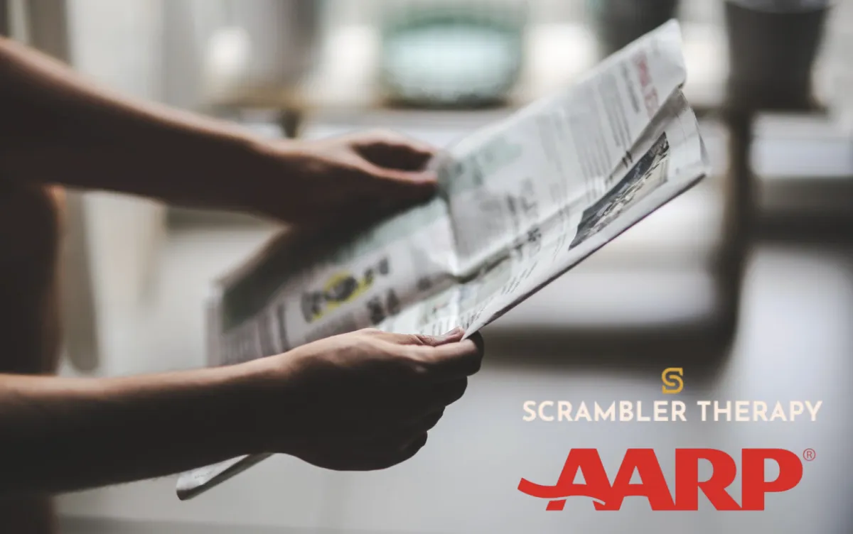 Reading a news article featuring Scrambler Therapy and AARP