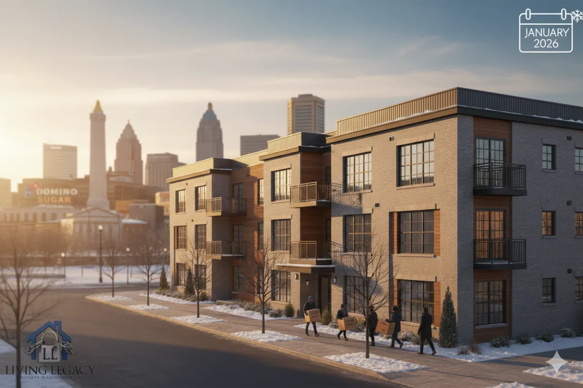 Baltimore cityscape in January with modern apartment building in foreground