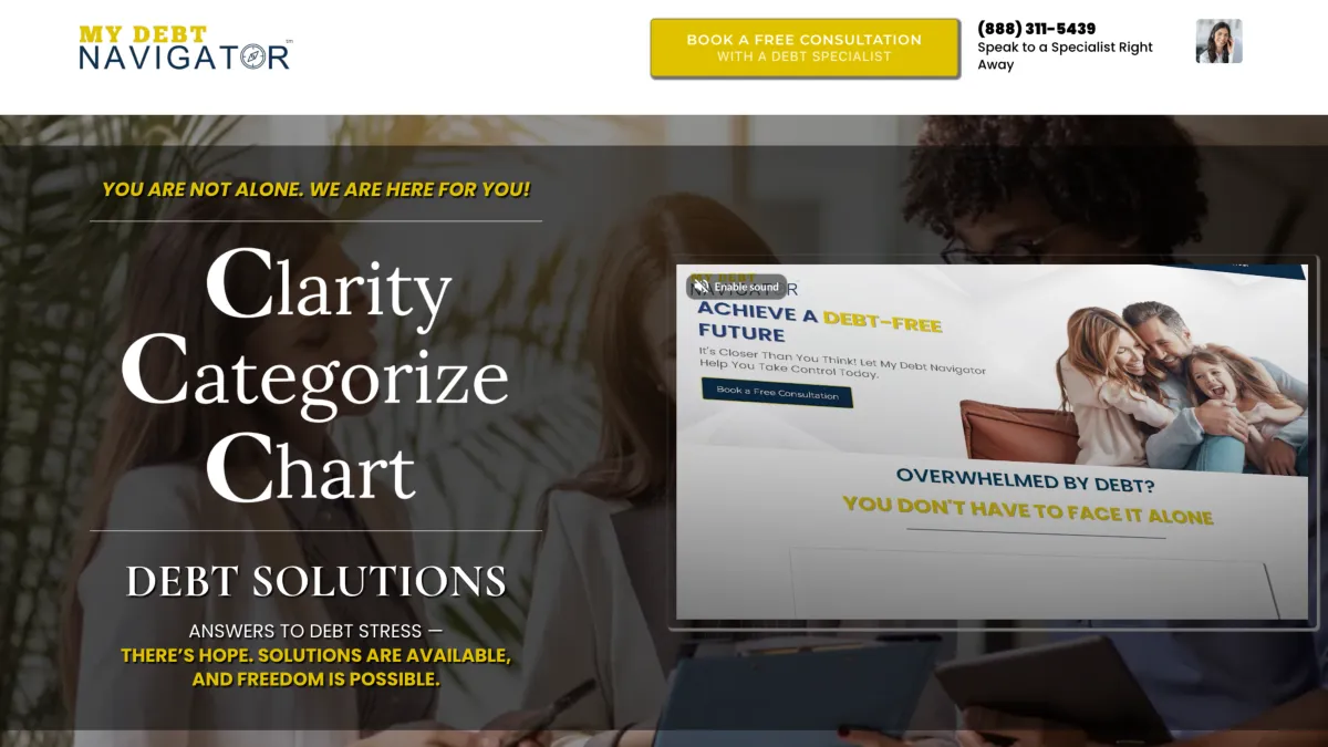 Modern website landing page layout showing conversion form and call to action for debt solutions and lead generation optimization.