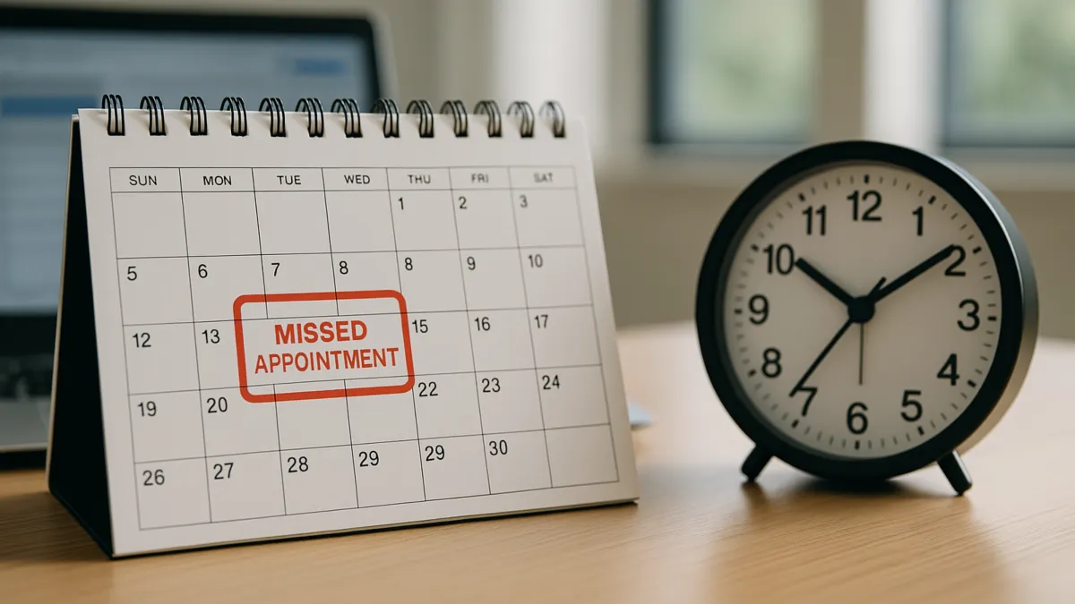 Desk calendar showing a date marked “Missed Appointment” beside a clock, symbolizing lost time and revenue from client no-shows.
