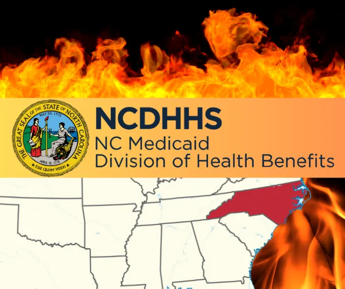 NC Medicaid logo, on fire, nc map