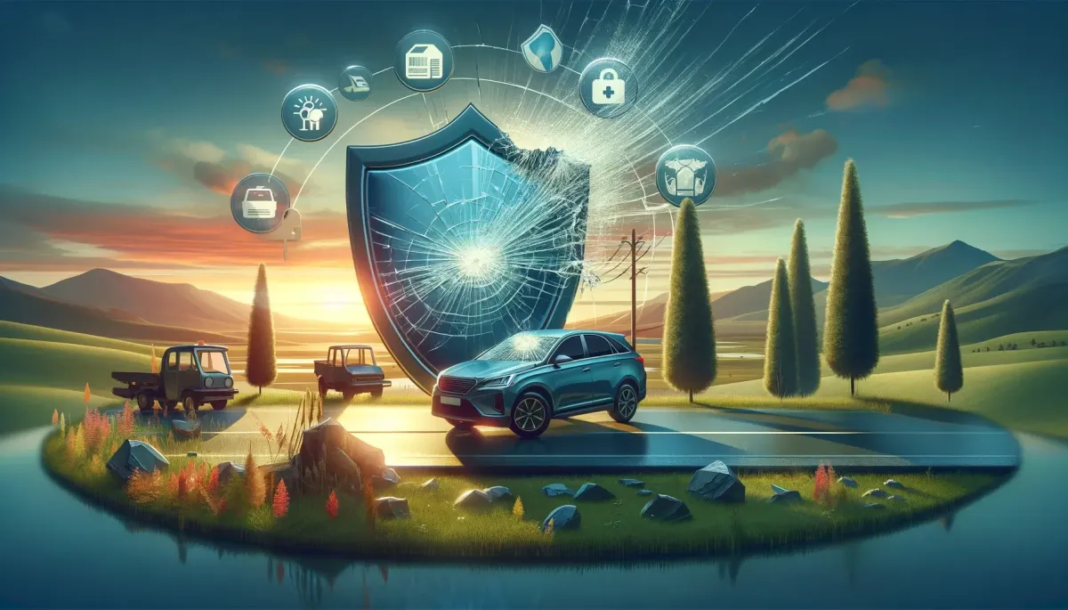 Une image visuellement frappante et informative pour un article de blog sur les dommages au pare-brise et la couverture d'assurance. L'image doit représenter une voiture dont le pare-brise est propre