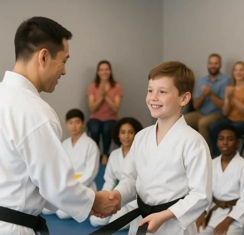 A young martial artist proudly receiving their black belt in front of classmates and family.