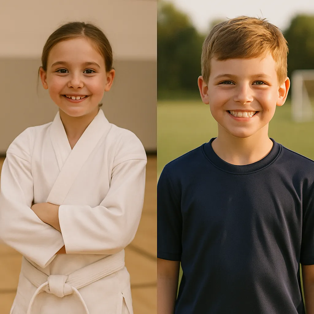 Two children, one in martial arts gear and one in a team uniform, representing different paths to growth and confidence.