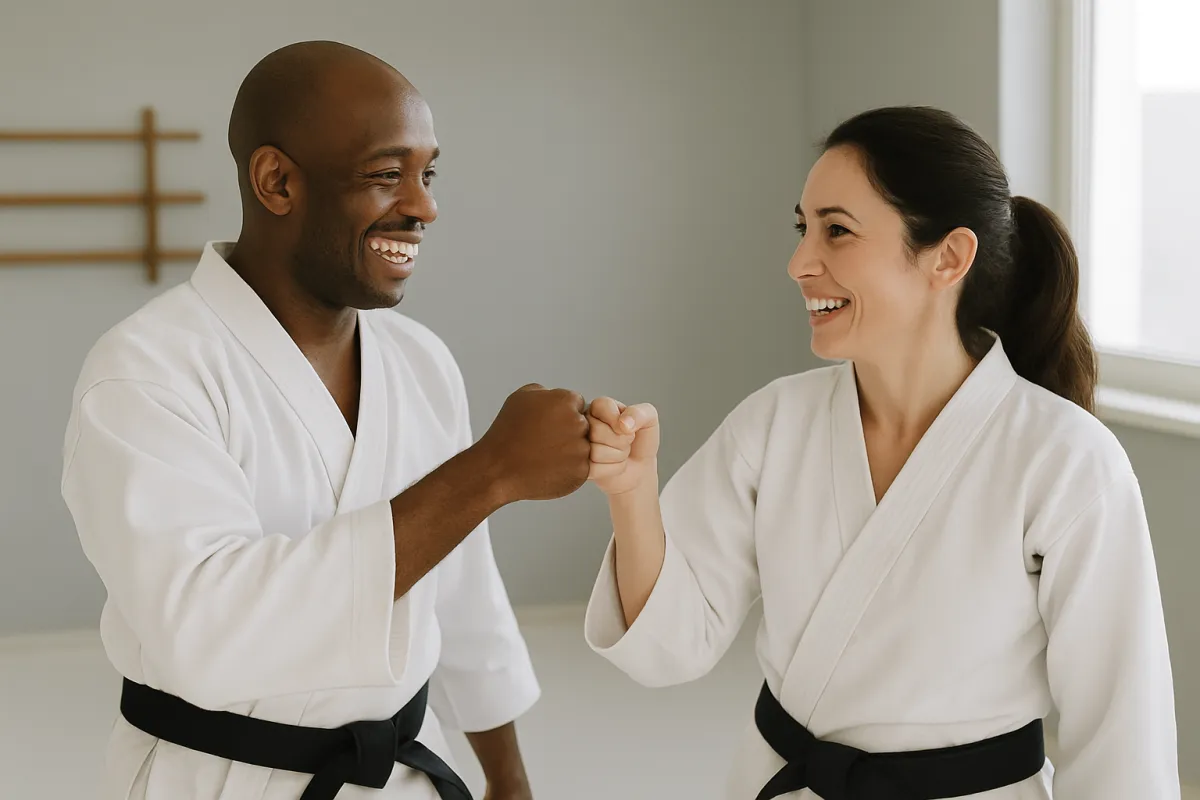 Two adult martial artists fist-bumping after a training session, showing camaraderie and confidence.