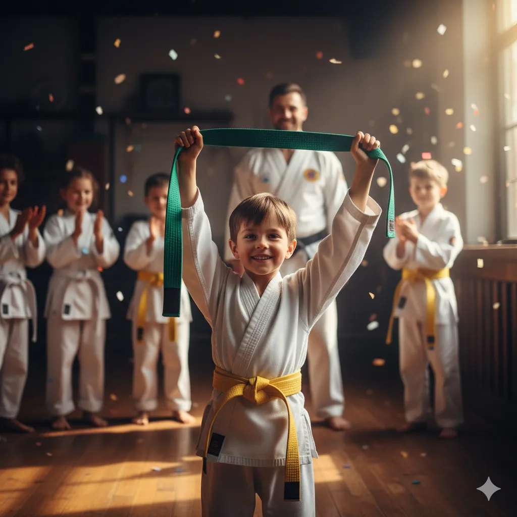 Martial arts student smiling while holding a new belt earned through hard work and goal-setting