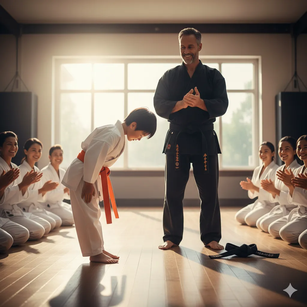 Child bowing respectfully to martial arts instructor during a belt promotion ceremony, symbolizing gratitude and respect.