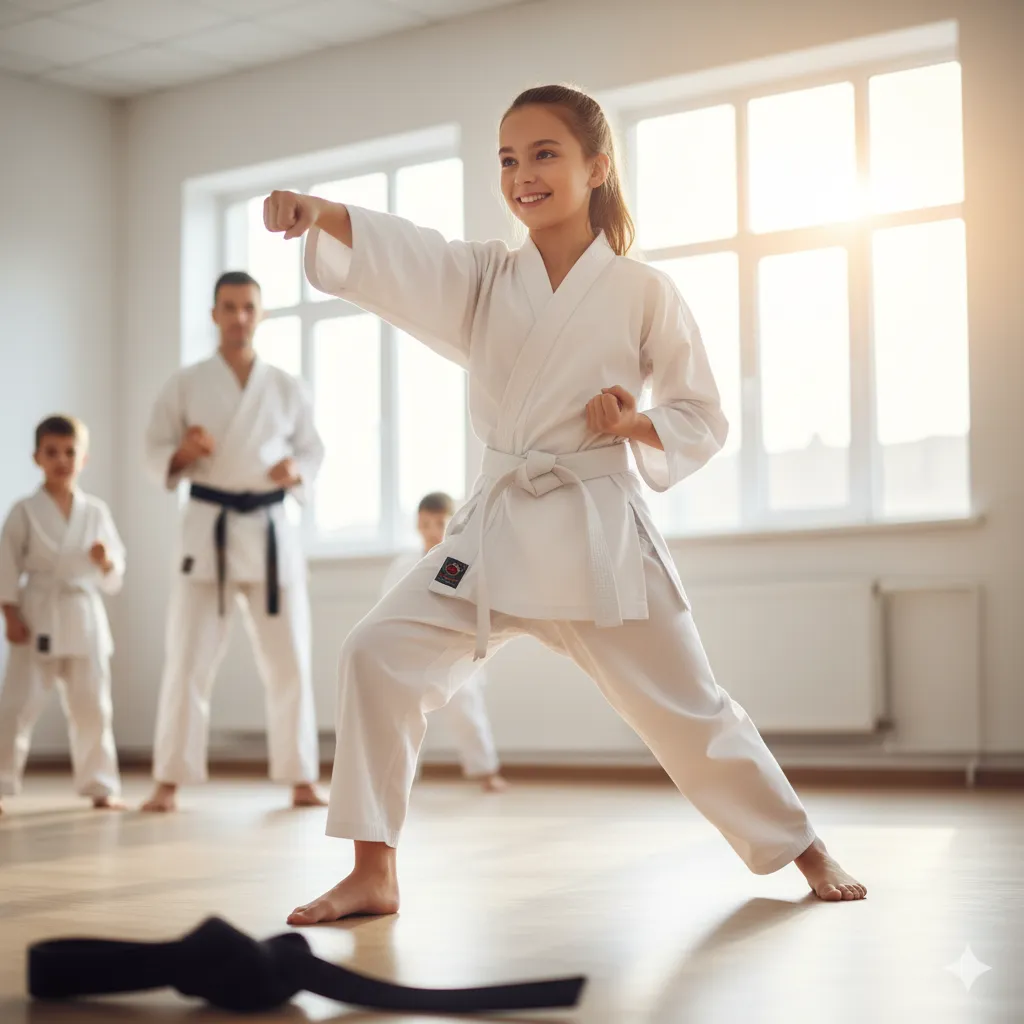 Smiling child demonstrating a focused punch during martial arts class, showing confidence and coordination
