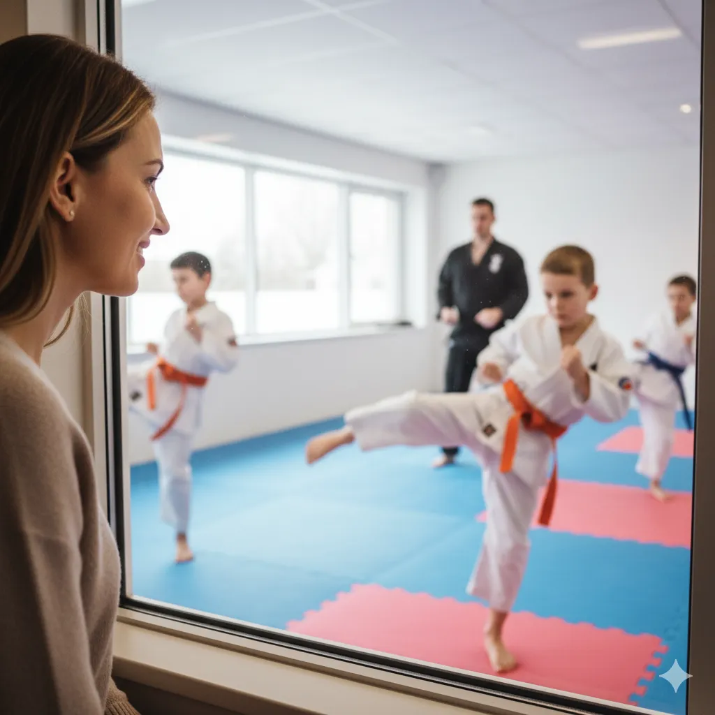 Parent observing their child’s martial arts lesson with pride, showcasing family involvement and support.
