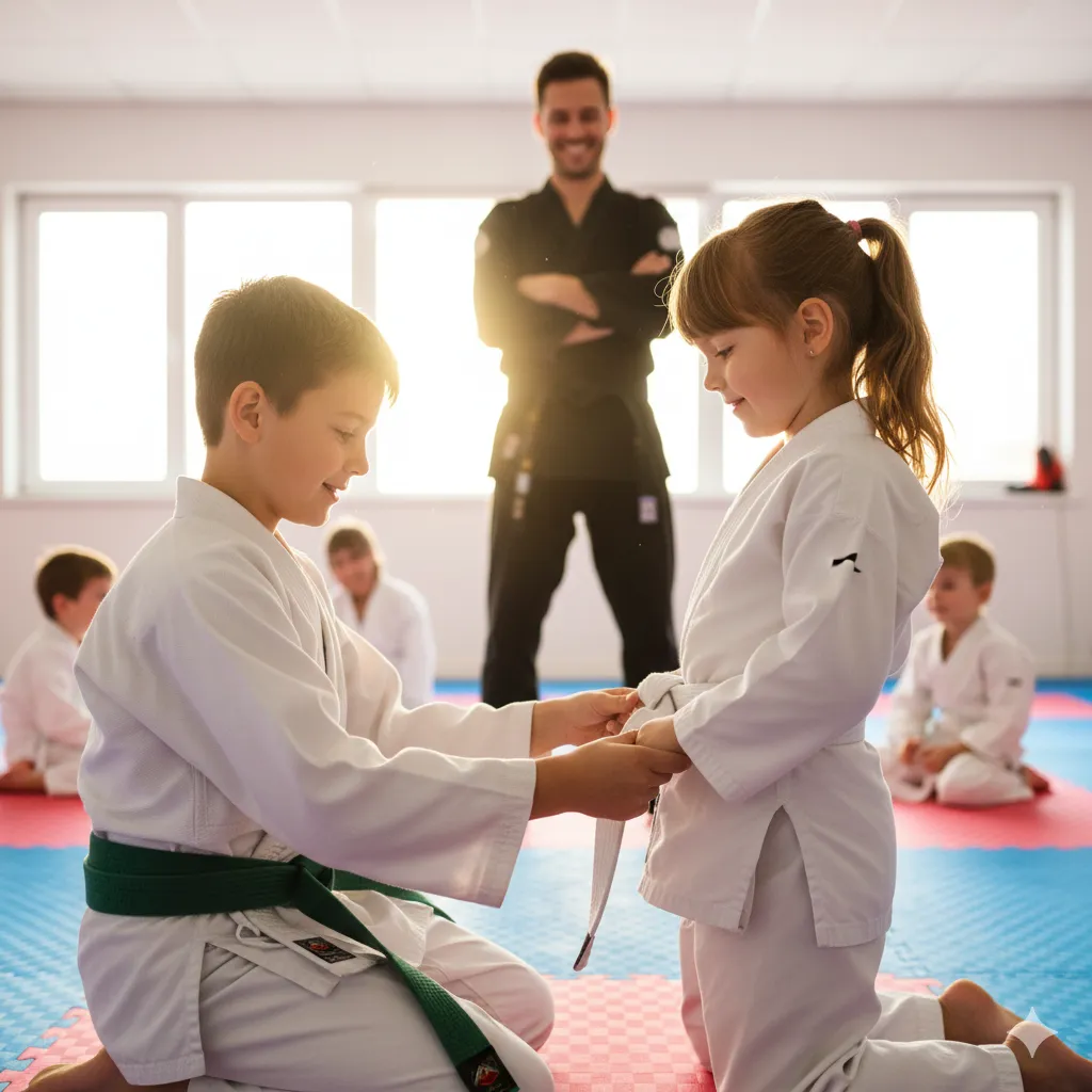 Older student kindly assisting younger martial arts student in tying their belt, showing leadership and respect.