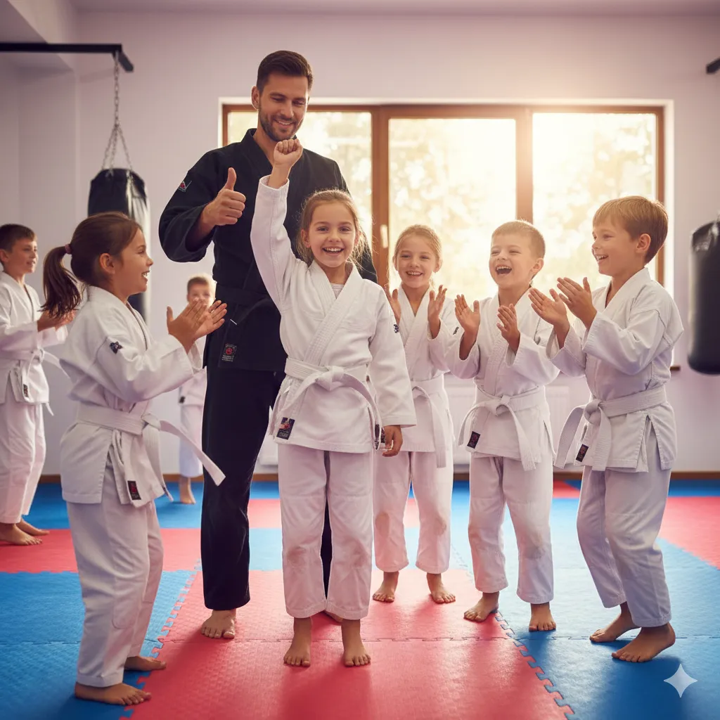 Group of martial arts students cheering for a classmate receiving a new stripe promotion